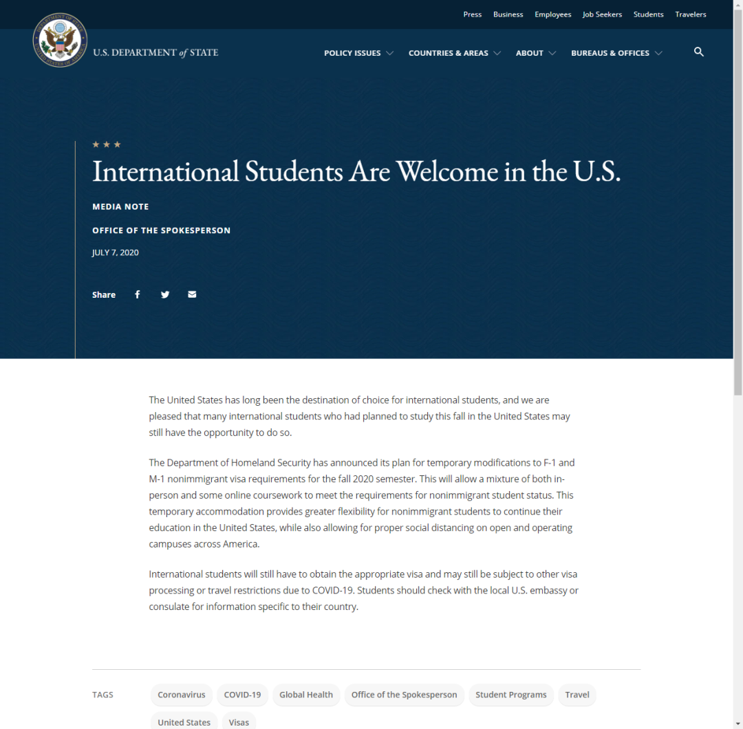 美国国务院表示美国欢迎国际生